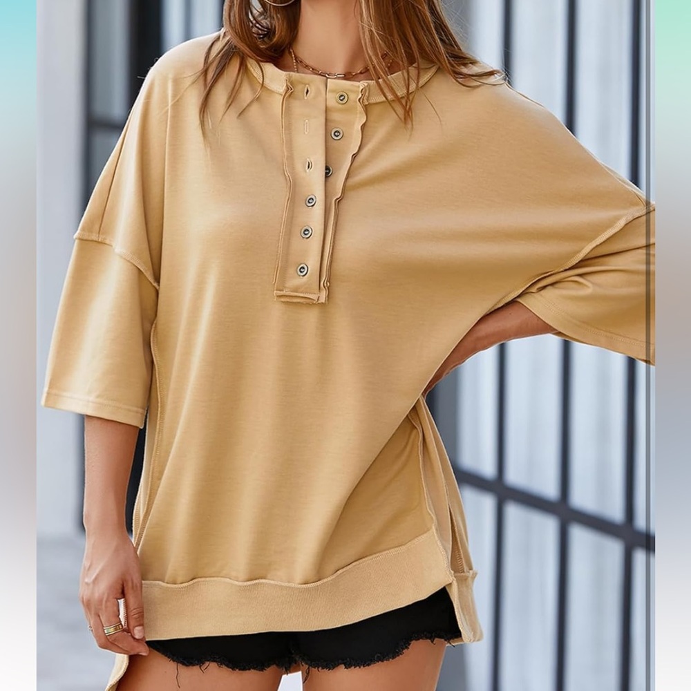 SHEWIN Women's Fashion Oversized T Shirts Casual Short Sleeve Reverse Seam - Picture 4 of 4